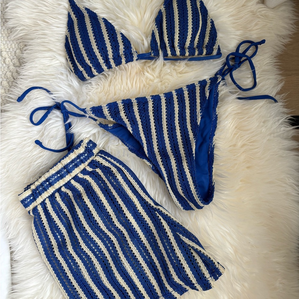 Blue and White Striped Bikini Set with Shorts